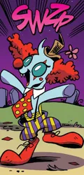 Size: 640x1334 | Tagged: safe, artist:andypriceart, derpibooru import, idw, ocellus, changedling, changeling, spoiler:comic, spoiler:comic71, clothes, clown, clown makeup, clown nose, clown shoes, clown wig, costume, female, g4, hat, image, jpeg, necktie, nightmare night costume, onomatopoeia, red nose, shoes, solo