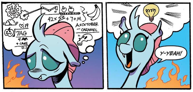 Size: 1334x635 | Tagged: safe, artist:andypriceart, derpibooru import, idw, ocellus, changedling, changeling, spoiler:comic, spoiler:comic71, dialogue, female, fire, g4, gradient background, image, jpeg, lightbulb, solo, speech bubble, thought bubble, thoughts