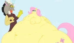 Size: 1479x856 | Tagged: suggestive, artist:sceg, artist:sceg_twit, derpibooru import, discord, fluttershy, draconequus, pegasus, pony, belly, belly button, big belly, blue background, blushing, bottom heavy, duo, duo male and female, fat, fattershy, female, huge belly, image, male, morbidly obese, obese, png, simple background, sitting, tongue out