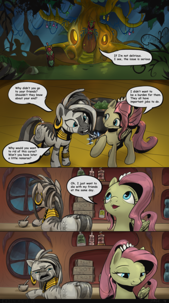 Size: 2060x3688 | Tagged: safe, artist:ciborgen, derpibooru import, fluttershy, zecora, pegasus, pony, butt, comic, dialogue, duo, faic, female, high res, image, mare, older, older fluttershy, plot, png, speech bubble, zecora's hut