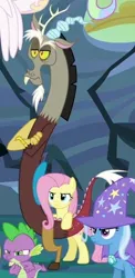 Size: 266x546 | Tagged: safe, derpibooru import, screencap, discord, fluttershy, princess celestia, spike, trixie, alicorn, draconequus, dragon, pegasus, pony, unicorn, to where and back again, cropped, crossed arms, female, image, jpeg, male, mare, offscreen character, spike is not amused, unamused