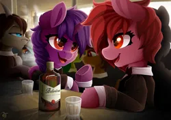 Size: 3400x2400 | Tagged: safe, artist:rainbowfire, derpibooru import, oc, unofficial characters only, alicorn, earth pony, pegasus, pony, unicorn, alcohol, bap, bar, clothes, complex background, conversation, crowd, cute, dialogue, female, glasses, grin, horn, image, jacket, jewelry, mare, open mouth, peaky blinders, png, smiling, smokescreen, tuxedo, whiskey, wings