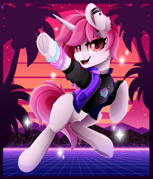 Size: 2400x2800 | Tagged: safe, artist:rainbowfire, derpibooru import, starlight glimmer, oc, pony, unicorn, bracelet, clothes, complex background, cute, dancing, female, grin, horn, image, jacket, jewelry, looking at you, mare, mountain, open mouth, palm tree, png, retrowave, smiling, solo, stars, sunset, tree