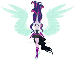 Size: 1024x797 | Tagged: safe, artist:lovemonsterhigh123, sci-twi, twilight sparkle, equestria girls, alternate universe, clothes, floating, glasses, gloves, high heel shoes, horn, image, jpeg, midnight sparkle, retro, transformation, wings