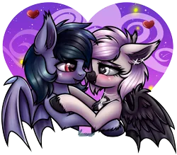 Size: 2022x1774 | Tagged: safe, artist:kruszyna25, derpibooru import, oc, oc:devilvoice, oc:scrimmy, bat pony, bat pony oc, bat wings, blushing, holiday, image, looking at each other, looking at someone, oc x oc, png, shipping, valentine's day, wings