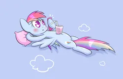 Size: 1400x900 | Tagged: safe, artist:joycall6, derpibooru import, rainbow dash, pegasus, pony, blue background, cloud, drinking straw, female, glass, hoof hold, image, jpeg, juice, mare, mobile phone, phone, pillow, simple background, solo