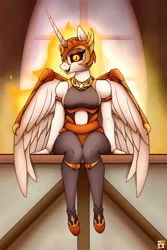 Size: 2000x3000 | Tagged: safe, artist:naen, derpibooru import, daybreaker, alicorn, anthro, plantigrade anthro, pony, armor, bare shoulders, bracelet, breasts, clothes, fangs, female, fire, helmet, image, jewelry, leggings, looking at you, mare, open mouth, peytral, png, ponyville town hall, shoes, sideboob, sitting, wings