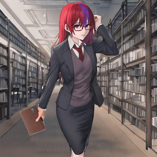 Size: 1024x1024 | Tagged: safe, derpibooru import, editor:jesterofdestiny, machine learning generated, moondancer, human, alternate hairstyle, barely pony related, book, bookshelf, clothes, glasses, humanized, image, library, looking at you, necktie, pencil skirt, png, shirt, skirt, solo, suit, sweater vest