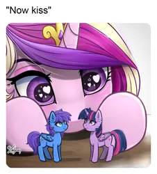 Size: 1084x1200 | Tagged: safe, artist:lailyren, derpibooru import, princess cadance, twilight sparkle, twilight sparkle (alicorn), oc, oc:nova twinkle, alicorn, canon x oc, cute, heart, heart eyes, image, now kiss, png, princess of shipping, shipping, wingding eyes