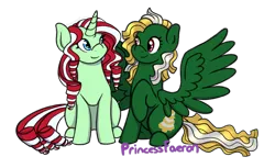 Size: 1280x783 | Tagged: safe, artist:princessfaeron, derpibooru import, oc, oc:fairy lights, oc:tinsel, pegasus, pony, unicorn, female, image, mare, png, simple background, transparent background