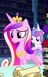 Size: 677x1080 | Tagged: safe, derpibooru import, screencap, princess cadance, princess flurry heart, alicorn, pony, the crystalling, baby, baby pony, book, cropped, crown, duo, image, jewelry, jpeg, peytral, regalia, scroll