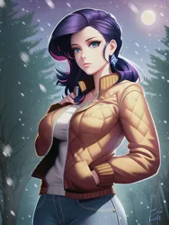 Size: 512x682 | Tagged: safe, derpibooru import, editor:sammykun, machine learning generated, novelai, stable diffusion, rarity, human, equestria girls, beautiful, breasts, busty rarity, clothes, denim, female, forest, humanized, image, jacket, jeans, jpeg, looking at you, pants, pockets, reference used, smiling, solo, solo female, tree, varsity jacket