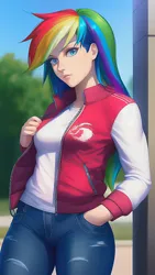 Size: 864x1536 | Tagged: safe, derpibooru import, editor:sammykun, machine learning generated, novelai, stable diffusion, rainbow dash, human, equestria girls, beautiful, clothes, column, denim, female, humanized, image, jacket, jeans, looking at you, pants, png, pockets, reference used, smiling, solo, solo female, varsity jacket