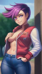 Size: 864x1536 | Tagged: suggestive, derpibooru import, editor:sammykun, machine learning generated, novelai, stable diffusion, scootaloo, human, equestria girls, beautiful, breasts, busty scootaloo, clothes, column, denim, female, humanized, image, jacket, jeans, looking at you, midriff, pants, png, pockets, reference used, seductive, sexy, smiling, solo, solo female, varsity jacket