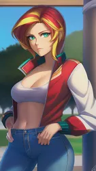 Size: 864x1536 | Tagged: safe, derpibooru import, editor:sammykun, machine learning generated, novelai, stable diffusion, sunset shimmer, human, equestria girls, beautiful, belly button, clothes, column, denim, female, humanized, image, jacket, jeans, looking at you, midriff, pants, png, pockets, reference used, smiling, solo, solo female, varsity jacket