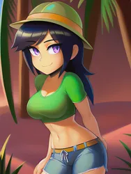 Size: 1020x1360 | Tagged: suggestive, derpibooru import, editor:sammykun, machine learning generated, novelai, stable diffusion, daring do, human, belly button, black hair, breasts, busty daring do, clothes, denim, denim shorts, female, hat, humanized, image, jungle, looking at you, midriff, png, shirt, shorts, smiling, solo, solo female
