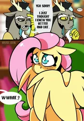 Size: 1423x2048 | Tagged: safe, artist:lrusu, derpibooru import, discord, fluttershy, draconequus, pegasus, pony, comic:fluttercord (irusu), ..., blushing, comic, dialogue, discoshy, embarrassed, female, floppy ears, hiding behind wing, image, jpeg, male, misunderstanding, nervous, nervous sweat, shipping, shy, speech bubble, straight, wings