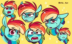 Size: 2048x1247 | Tagged: safe, artist:lrusu, derpibooru import, rainbow dash, pegasus, pony, angry, cross-popping veins, emanata, expressions, eye clipping through hair, eyebrows, eyebrows visible through hair, floppy ears, image, jpeg, looking at you, nervous sweat, open mouth, sketch, unamused, wide eyes
