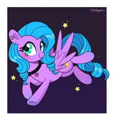 Size: 3100x3300 | Tagged: safe, artist:darkynez, derpibooru import, oc, unofficial characters only, pegasus, pony, choker, flying, heart, image, jpeg, looking at you, smiling, solo, spread wings, stars, wings