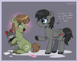 Size: 3400x2700 | Tagged: safe, artist:darkynez, derpibooru import, oc, unofficial characters only, earth pony, pegasus, pony, dialogue, happy, image, jpeg, plushie, sitting, unamused, unshorn fetlocks