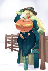 Size: 1083x1600 | Tagged: suggestive, artist:annon, derpibooru import, applejack, human, applejack's hat, big breasts, bimbo, bimbo jack, boob freckles, boots, breasts, busty applejack, chaps, chest freckles, cleavage, clothes, coat, cowboy hat, eyeshadow, fence, freckles, gloves, hat, high heel boots, huge breasts, humanized, image, impossibly large breasts, lipstick, looking at you, makeup, nipple piercing, nipples, nudity, orange eyeshadow, orange lipstick, piercing, png, scarf, shoes, snow, sweater, winter, winter outfit