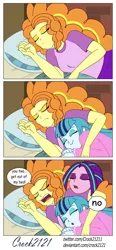 Size: 1280x2748 | Tagged: safe, artist:crock2121, derpibooru import, adagio dazzle, aria blaze, sonata dusk, human, equestria girls, equestria girls series, annoyed, bed, comic, dialogue, female, image, jpeg, open mouth, sleeping, teeth