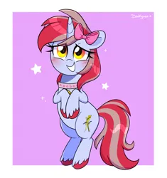Size: 3100x3300 | Tagged: safe, artist:darkynez, derpibooru import, oc, oc:cinnamon lightning, unofficial characters only, pony, unicorn, blushing, bow, collar, floppy ears, grin, hair bow, image, jpeg, looking at you, smiling, solo