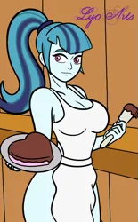Size: 479x775 | Tagged: suggestive, artist:linedraweer, derpibooru import, sonata dusk, human, siren, equestria girls, advertisement, apron, breasts, busty sonata dusk, chocolate, clothes, commission, female, food, holiday, image, naked apron, nipples, nudity, partial nudity, png, smiling, valentine's day, your character here