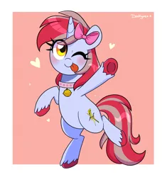 Size: 3100x3300 | Tagged: safe, artist:darkynez, derpibooru import, oc, oc:cinnamon lightning, unofficial characters only, pony, unicorn, bell, bell collar, bipedal, blushing, bow, collar, hair bow, heart, image, jpeg, one eye closed, raspberry, smiling, solo, tongue out, unshorn fetlocks, wink