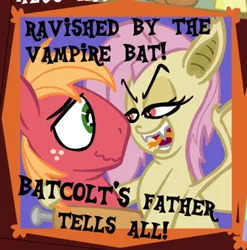 Size: 435x440 | Tagged: safe, artist:brutamod, derpibooru import, edit, big macintosh, fluttershy, bat pony, earth pony, pony, bat ponified, bedroom eyes, cropped, fangs, female, flutterbat, fluttermac, forked tongue, image, implied pregnancy, looking at each other, looking at someone, male, png, race swap, shipping, smiling, straight, text, tongue out, wavy mouth