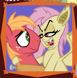Size: 435x440 | Tagged: safe, alternate version, artist:brutamod, derpibooru import, edit, big macintosh, fluttershy, bat pony, earth pony, pony, bat ponified, bedroom eyes, cropped, fangs, female, flutterbat, fluttermac, forked tongue, hoof around neck, image, looking at each other, looking at someone, male, png, race swap, shipping, smiling, straight, textless, textless edit, tongue out, wavy mouth