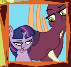 Size: 460x436 | Tagged: safe, alternate version, artist:brutamod, derpibooru import, edit, twilight sparkle, twilight sparkle (alicorn), alicorn, pony, tri-horned bunyip, bedroom eyes, crack shipping, cropped, female, image, interspecies, looking at each other, looking at someone, mare, png, shipping, text, textless, textless edit