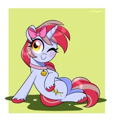Size: 3100x3300 | Tagged: safe, artist:darkynez, derpibooru import, oc, oc:cinnamon lightning, unofficial characters only, pony, unicorn, bell, bell collar, bow, collar, hair bow, image, jpeg, looking at you, one eye closed, solo, unshorn fetlocks, wink, winking at you
