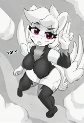 Size: 1806x2621 | Tagged: suggestive, artist:pabbley, derpibooru import, rainbow dash, anthro, pegasus, pony, unguligrade anthro, big breasts, black and white, boots, breasts, busty rainbow dash, clothes, erect nipples, female, flying, grayscale, high angle, image, jpeg, looking at you, mare, monochrome, nipple outline, partial color, shoes, sweat, thigh boots, tight clothing, uniform, wonderbolts uniform