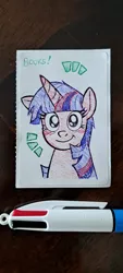 Size: 1024x2273 | Tagged: safe, artist:redapropos, derpibooru import, twilight sparkle, alicorn, pony, bic pen, book, female, image, irl, jpeg, mare, pen, pen drawing, pen sketch, photo, sketch, solo, that pony sure does love books, traditional art, wat, wat in the description
