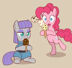 Size: 1600x1500 | Tagged: safe, artist:sazanamibd, derpibooru import, maud pie, pinkie pie, earth pony, pony, accident, bipedal, dropping, female, food, ice cream, ice cream cone, image, licking, mare, png, simple background, tan background, tongue out