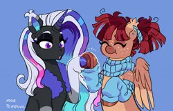 Size: 1740x1122 | Tagged: safe, artist:moetempura, derpibooru import, oc, oc:berry, unofficial characters only, pegasus, pony, unicorn, clothes, colored belly, colored eartips, cute, duo, ear fluff, eyes closed, eyeshadow, facial markings, female, freckles, frog (hoof), hair tie, hoofbutt, hoofless socks, image, jpeg, makeup, mare, open mouth, scarf, smiling, socks, surprised, touching hooves, two toned coat, underhoof
