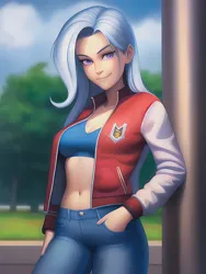 Size: 1020x1360 | Tagged: safe, derpibooru import, editor:sammykun, machine learning generated, novelai, stable diffusion, trixie, human, equestria girls, beautiful, belly button, clothes, column, denim, female, humanized, image, jacket, jeans, looking at you, midriff, pants, png, pockets, reference used, smiling, solo, varsity jacket