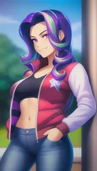 Size: 864x1536 | Tagged: safe, derpibooru import, editor:sammykun, machine learning generated, novelai, stable diffusion, starlight glimmer, human, equestria girls, beautiful, belly button, clothes, column, denim, female, humanized, image, jacket, jeans, looking at you, pants, png, pockets, reference used, smiling, solo, varsity jacket