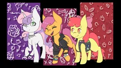 Size: 1798x1011 | Tagged: safe, artist:chillykitty, derpibooru import, apple bloom, scootaloo, sweetie belle, earth pony, pegasus, pony, unicorn, apple bloom's bow, bow, clothes, cutie mark crusaders, emo, female, filly, foal, goth, hair bow, image, jpeg, punk