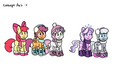 Size: 1611x903 | Tagged: safe, artist:memethyst-art, derpibooru import, apple bloom, diamond tiara, scootaloo, silver spoon, sweetie belle, earth pony, pegasus, pony, unicorn, apple bloom's bow, bow, clothes, cutie mark crusaders, female, filly, foal, hair bow, image, jpeg, simple background, text, white background, winter outfit