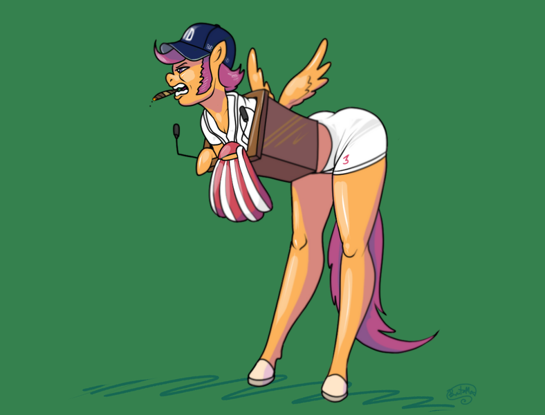 Size: 1188x904 | Tagged: safe, artist:brutamod, derpibooru import, scootaloo, anthro, pegasus, pony, unguligrade anthro, 2021, arm hooves, baseball cap, baseball jersey, bent over, cap, cigar, clothes, female, green background, hat, image, lectern, mare, mouth hold, old art, older, older scootaloo, png, sideburns, simple background, spread wings, uniform, wings