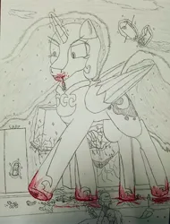 Size: 3456x4556 | Tagged: semi-grimdark, artist:cap_watching, derpibooru import, nightmare moon, alicorn, pony, blood, building, city, commission, female, giantess, gory, image, jpeg, macro, pencil drawing, spell, stomping, tiny, tiny ponies, traditional art