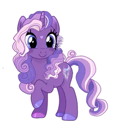 Size: 1331x1495 | Tagged: safe, artist:vernorexia, derpibooru import, wysteria, pony, unicorn, alternate cutie mark, alternate design, alternate hairstyle, blue eyes, curly hair, curly tail, facial markings, female, flower, flower in hair, g3, g3 to g4, g4, generation leap, gradient ears, gradient horn, hooves, horn, image, png, princess wysteria, purple coat, redesign, show accurate, solo, species swap, tail, wisteria