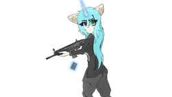 Size: 3840x2160 | Tagged: safe, artist:straighttothepointstudio, derpibooru import, oc, unofficial characters only, anthro, unicorn, 4k, anime, anthro oc, assault rifle, blue eyes, blue hair, clothes, digital art, ear fluff, eyebrows, female, fn scar, frown, g5, glow, glowing horn, gun, high res, horn, image, jacket, levitation, long hair, looking back, magic, pants, png, reloading, rifle, simple background, solo, telekinesis, transparent background, unicorn oc, visor, weapon, wrinkles