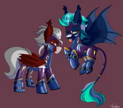 Size: 2048x1800 | Tagged: safe, artist:aurorafang, derpibooru import, oc, oc:aurora dusk(fireverse), oc:crimson skies(fireverse), bat pony, pony, boots, clothes, duo, duo female, female, fireheart76's latex suit design, image, jpeg, kink, latex, latex boots, latex suit, mare, prisoners of the moon, rubber, rubber suit, shadowbolts, shoes, straps