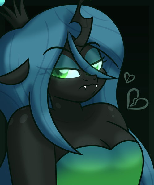 Size: 4320x5200 | Tagged: safe, artist:iceflower99, derpibooru import, queen chrysalis, anthro, boob freckles, breasts, broken hearts, busty queen chrysalis, chest freckles, clothes, crown, dark background, dress, eye clipping through hair, fangs, freckles, green eyes, image, jewelry, png, regalia, shoulder freckles, simple background, video at source, video in description