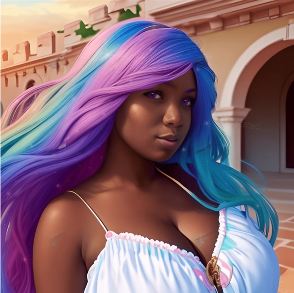 Size: 1883x1875 | Tagged: safe, derpibooru import, editor:infrasonicman, machine learning generated, princess celestia, human, au:eqcl, big breasts, blackwashing, breasts, bust, cleavage, dark skin, humanized, image, png, purple eyes, realistic, solo, white dress, windswept hair