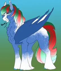 Size: 1760x2048 | Tagged: safe, artist:inisealga, derpibooru import, oc, oc:bacon hoodie, unofficial characters only, bat pony, pony, bat wings, chest fluff, coat markings, dialogue, facial markings, gradient background, image, jpeg, male, markings, multicolored hair, multicolored mane, multicolored tail, neck fluff, rawr, simple background, socks (coat marking), solo, stallion, tail, text, wings