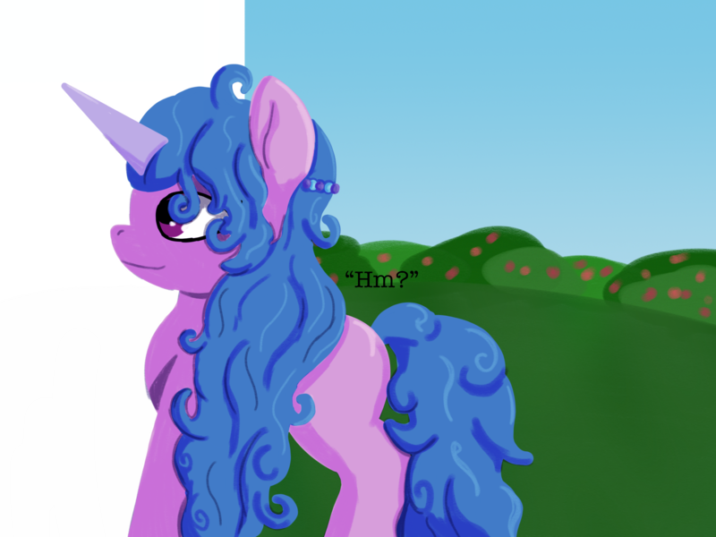 Size: 2048x1536 | Tagged: safe, artist:the crystal artist, derpibooru import, izzy moonbow, pony, unicorn, bush, curious, curly hair, curly mane, curly tail, derpibooru exclusive, dialogue, female, g5, grass, hmm, image, lineless, mare, png, random, random pony, shading, side view, silly, silly pony, smiling, solo, tail, text